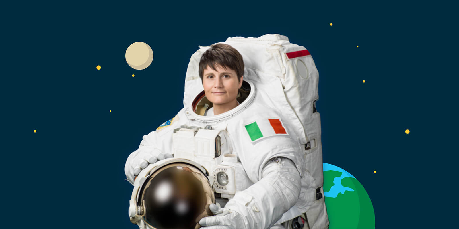 An astronaut in a spacesuit, with Earth, the moon and stars in the background