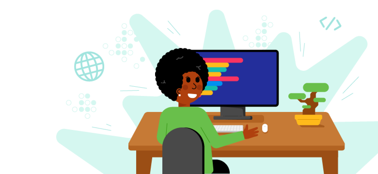 An illustration of a woman sitting at a computer desk