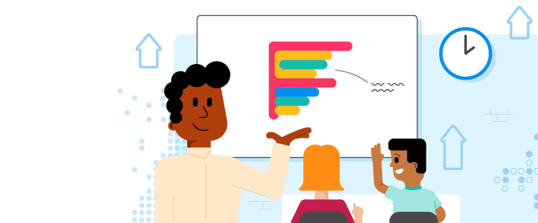 An illustration of a teacher and two children looking at a chart